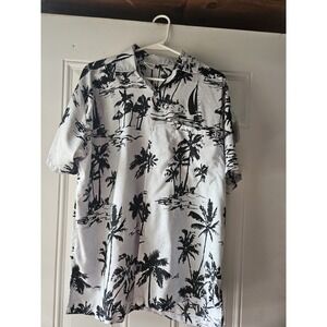 Rima Men's Tropical Button Down Short Sleeve Shirt Black White‎ Print  Large